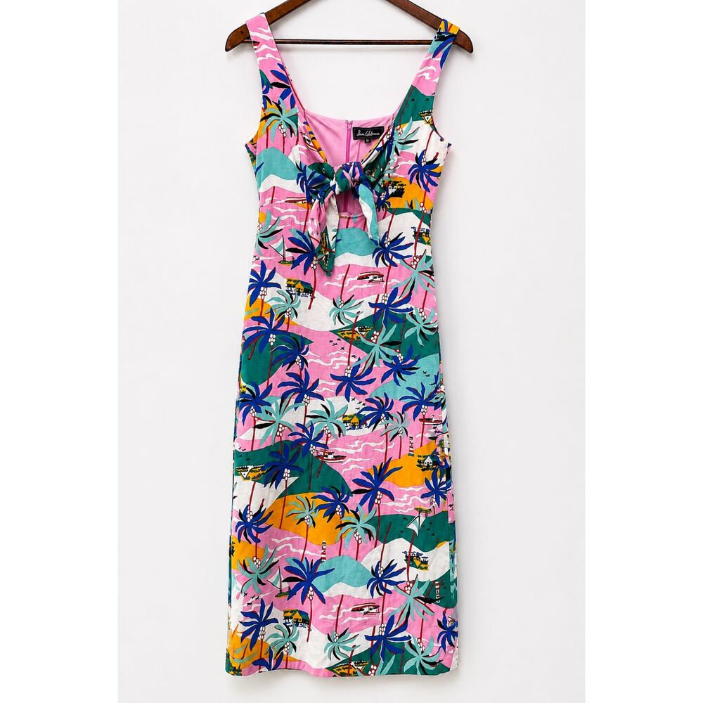 Sam Edelman Tropical Palm Print Tie Front Midi Dress Resort Cruise Beach Sz 0